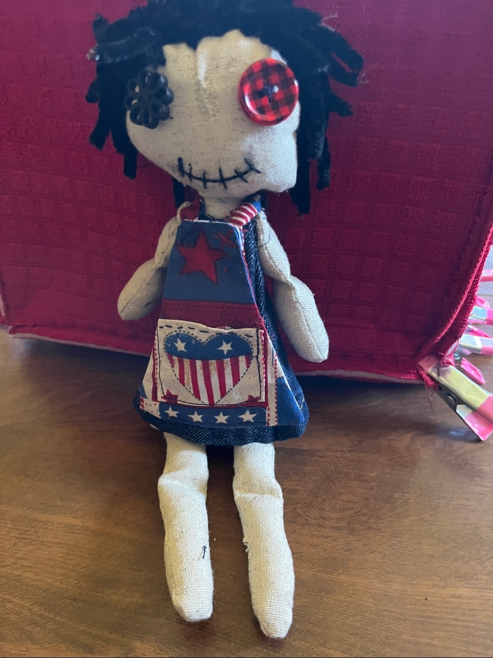 Handmade Patriotic Fiber Art Doll with Blue and Red Heart Pocket